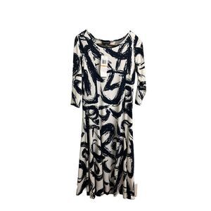 Nina Leonard White &Navy Abstract A Line Midi Dress Sz Small‎